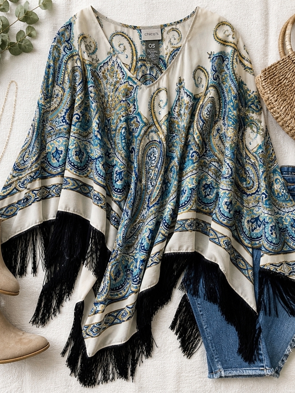 Chico’s Paisley Fringe Poncho OS Boho Blue Ivory